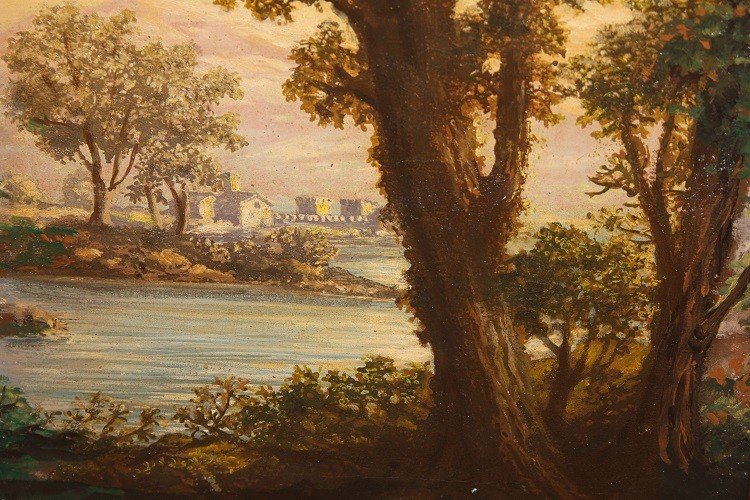 Olio su tela Italiano Raffigurante Paesaggio con veduta marina del XIX secolo-photo-4