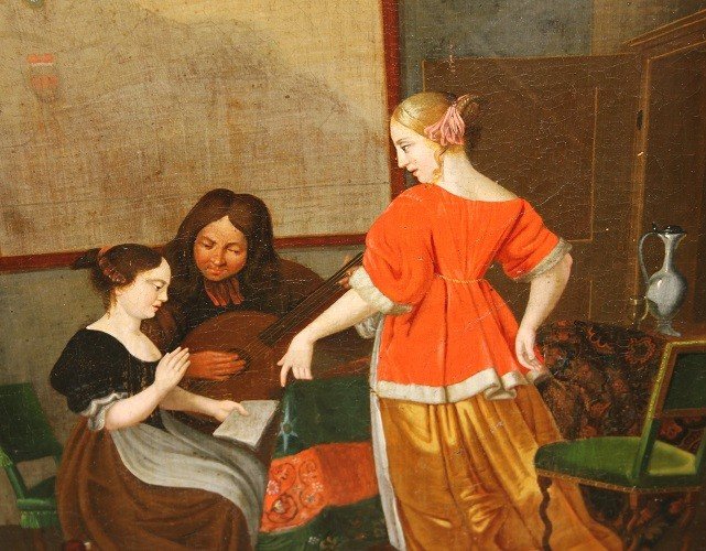 Olio su tela Tedesco del XVII secolo raffigurante Lezione di Musica-photo-3