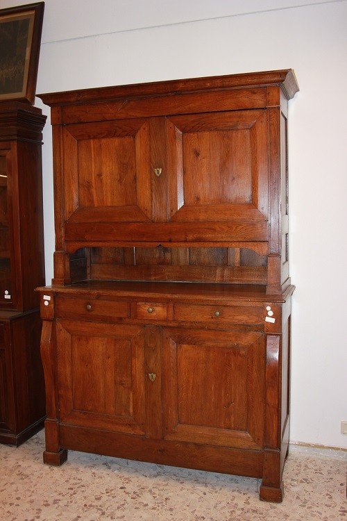 Grande credenza doppio corpo stile Impero di inizio 1800 in legno di rovere