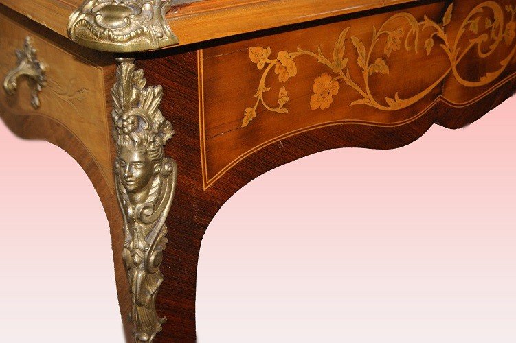 Bellissimo tavolo scrittoio francese di inizio 1800 stile Luigi XV con ricchi intarsi-photo-4