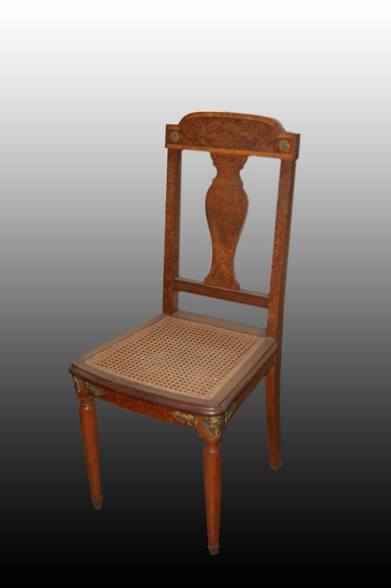 Gruppo si 6 sedie francesi stile Impero del 1800 con ricchi bronzi e radica-photo-2