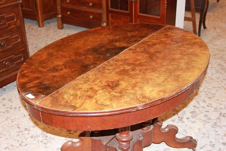 Tavolo ovalino allungabile stile Biedermeier del 1800 in radica di noce-photo-2