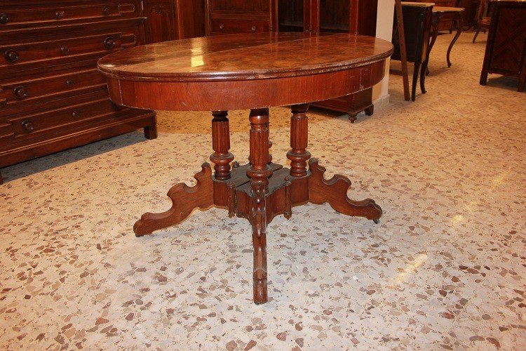 Tavolo ovalino allungabile stile Biedermeier del 1800 in radica di noce-photo-3