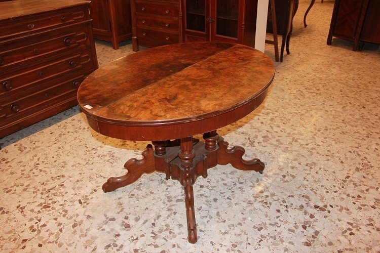 Tavolo ovalino allungabile stile Biedermeier del 1800 in radica di noce