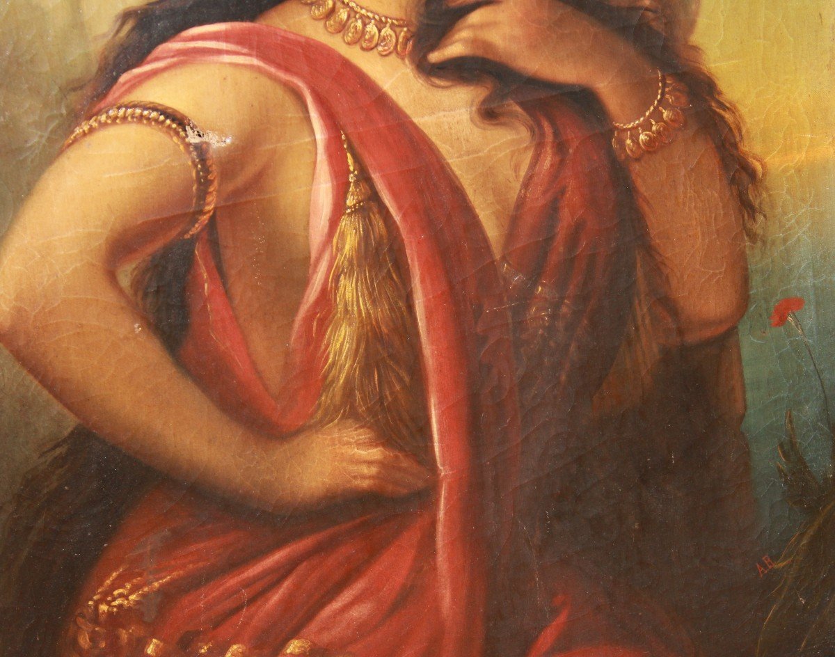 Grande Olio su tela Francese del XIX secolo Raffigurante "Zingara" Ritratto-photo-4