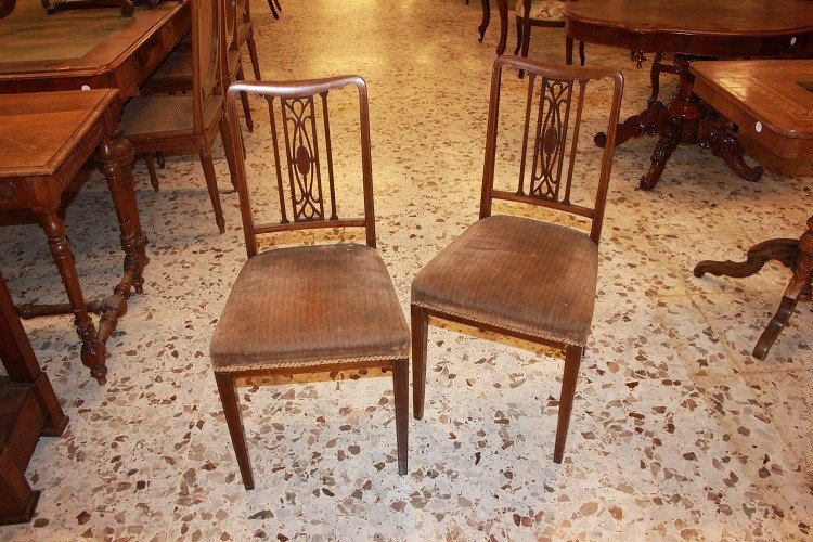 Gruppo di 4 sedie vittoriane in legno di mogano con filetto di intarsio-photo-3