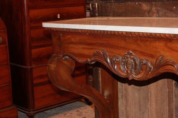 Consolle francese stile Luigi Filippo in legno di noce con piano in marmo cassetto e motivi di -photo-3