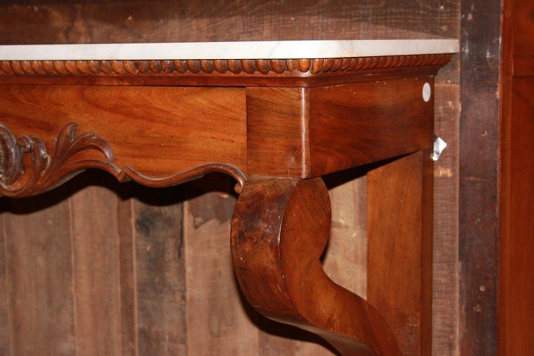 Consolle francese stile Luigi Filippo in legno di noce con piano in marmo cassetto e motivi di -photo-4