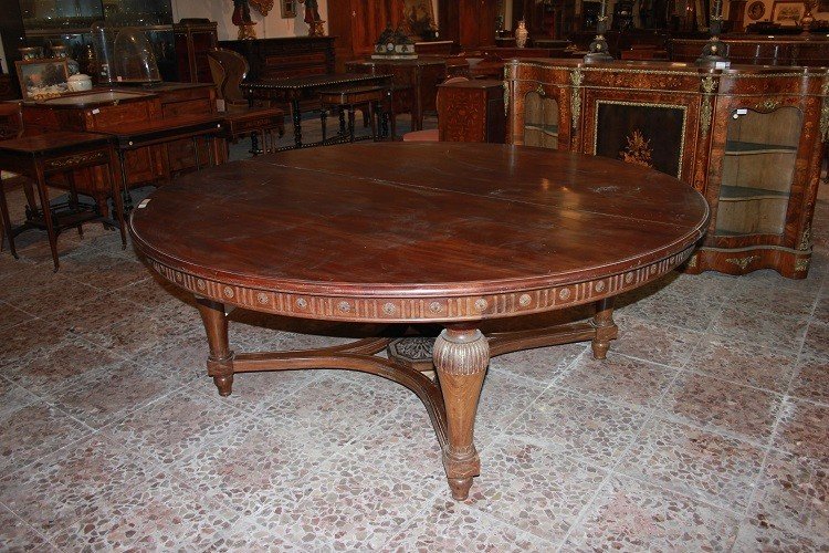 Grande tavolo francese di inizio 1800 stile Luigi XVI in legno di mogano 2 metri di diametro-photo-3