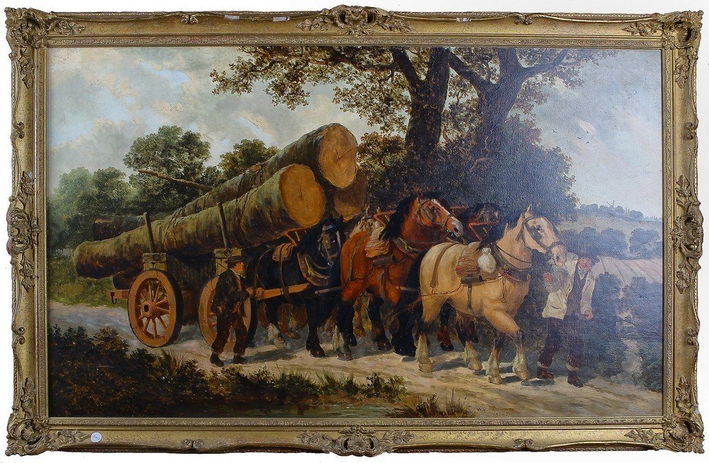 Grande olio su tela raffigurante carro trainato da cavalli