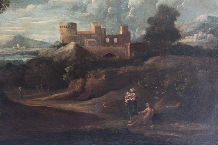 Olio su tela italiano della prima metà del 1700, raffigurante paesaggio con 3 personaggi -photo-2