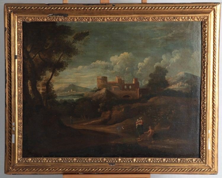 Olio su tela italiano della prima metà del 1700, raffigurante paesaggio con 3 personaggi 