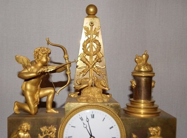 Orologio da tavolo Impero con cupido e muse in bronzo dorato al mercurio-photo-2