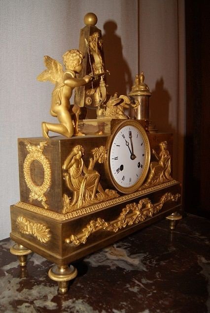 Orologio da tavolo Impero con cupido e muse in bronzo dorato al mercurio-photo-4