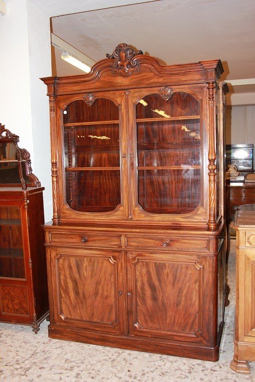 Grande credenza doppio corpo Luigi Filippo in legno di mogano XIX secolo