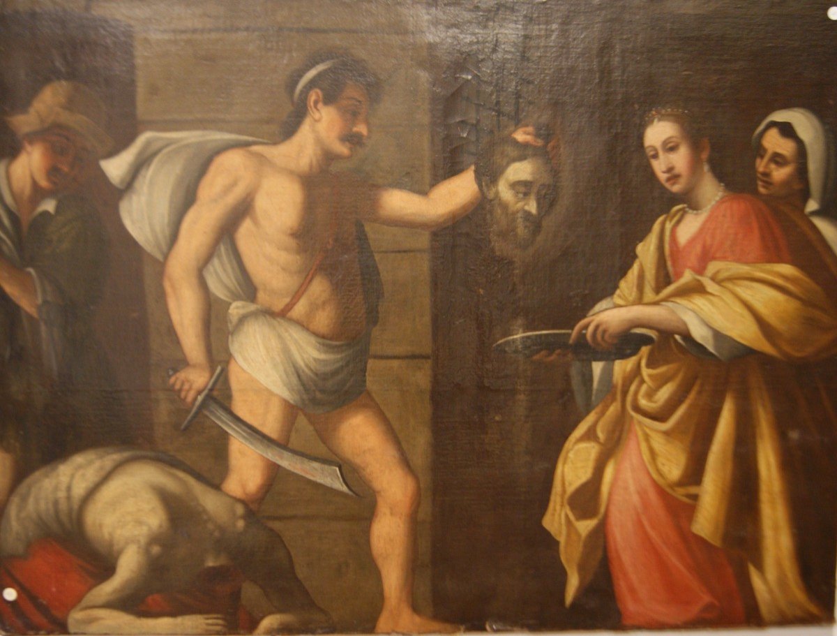 Olio su tela italiano del 1600, Salomè con la testa del battista. La storia: Il predicatore Gio