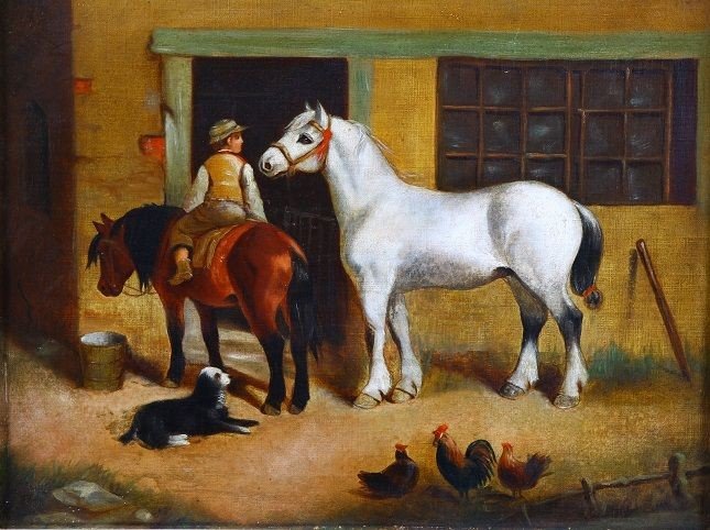 Olio su tela inglese della seconda metà del 1800, raffigurante bambino a cavallo-photo-2