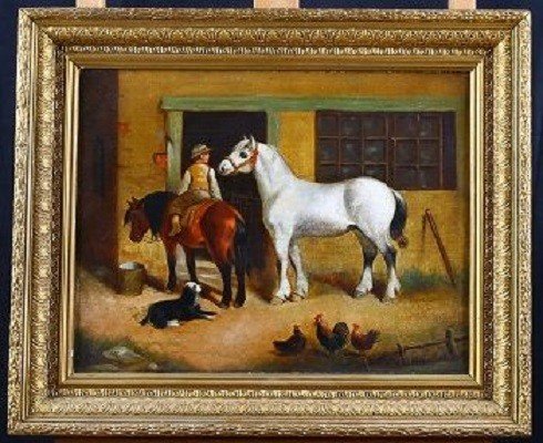 Olio su tela inglese della seconda metà del 1800, raffigurante bambino a cavallo