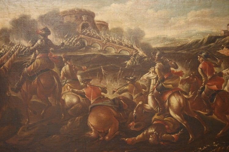 Coppia di oli su tela italiani della seconda metà 1600 raffiguranti Battaglia-photo-1