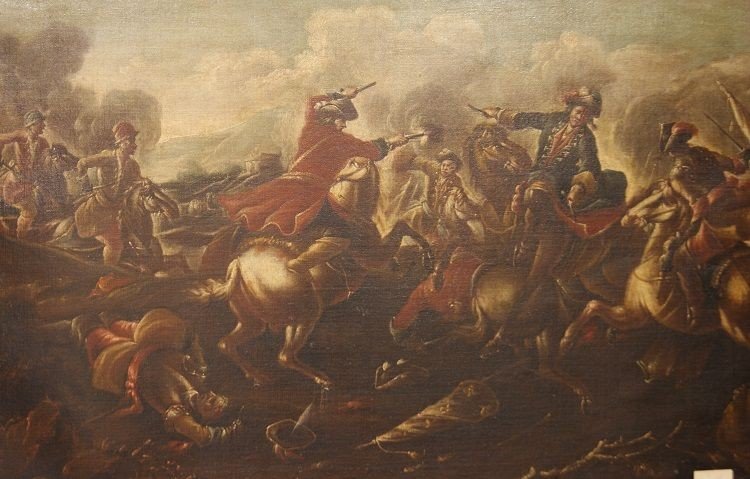 Coppia di oli su tela italiani della seconda metà 1600 raffiguranti Battaglia-photo-6