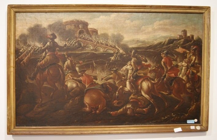 Coppia di oli su tela italiani della seconda metà 1600 raffiguranti Battaglia