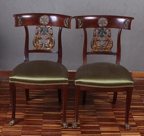 Gruppo di 4 sedie genovesi di inizio 1800, stile Impero, in legno di mogano