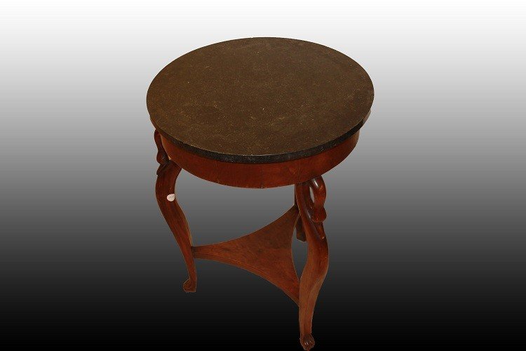 Tavolino Impero del 1800 in legno di mogano con piano circolare in marmo nero-photo-2