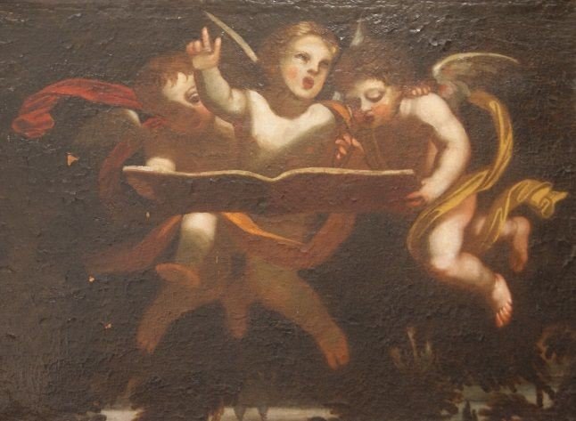 Antico olio su tela italiano del 1600 raffigurante 3 angeli cherubini che sospesi per aria, sor-photo-2