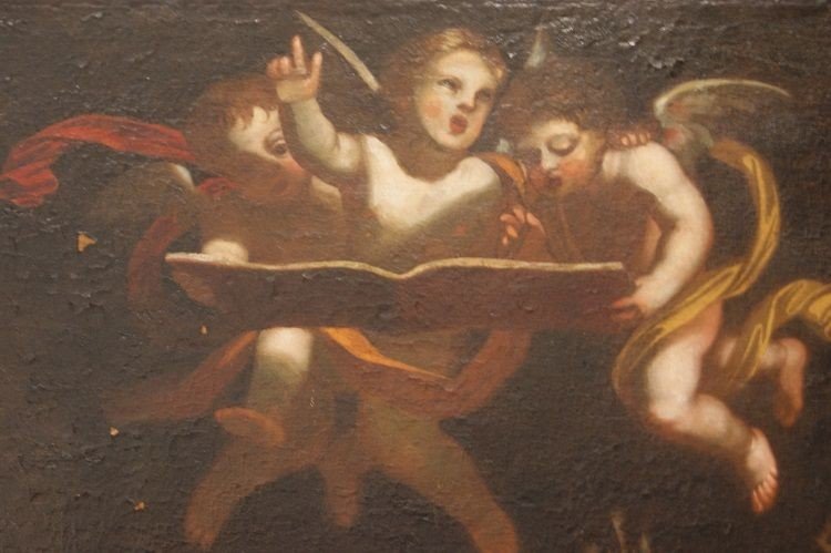 Antico olio su tela italiano del 1600 raffigurante 3 angeli cherubini che sospesi per aria, sor-photo-3