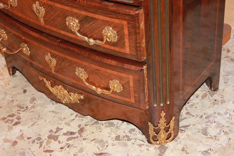 Piccolo cassettone comoncino francese Stile Reggenza con 4 cassetti piano in marmo e bronzi dor-photo-1