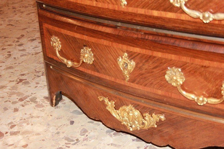 Piccolo cassettone comoncino francese Stile Reggenza con 4 cassetti piano in marmo e bronzi dor-photo-2