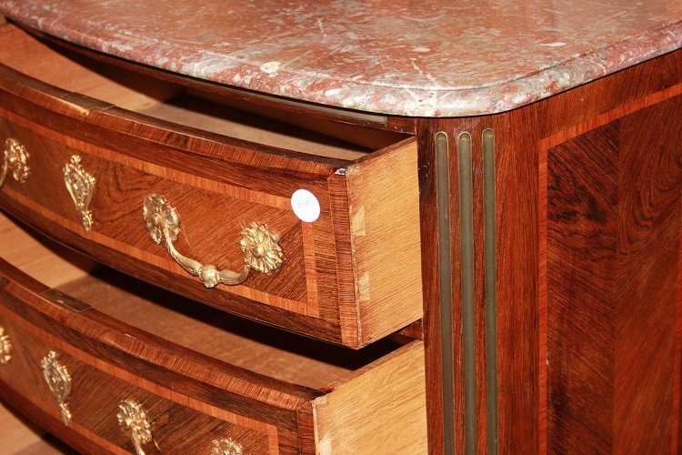 Piccolo cassettone comoncino francese Stile Reggenza con 4 cassetti piano in marmo e bronzi dor-photo-4