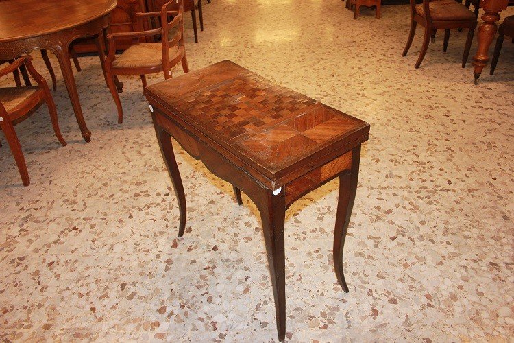 Tavolino da gioco francese di inizio 1800, stile Luigi XV, in legno di palissandro -photo-4