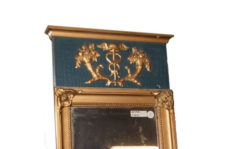 Piccola specchiera Nord Europa di metà 1800, stile Impero, in legno dorato foglia oro e blu-photo-2