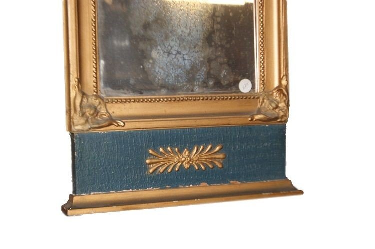 Piccola specchiera Nord Europa di metà 1800, stile Impero, in legno dorato foglia oro e blu-photo-3