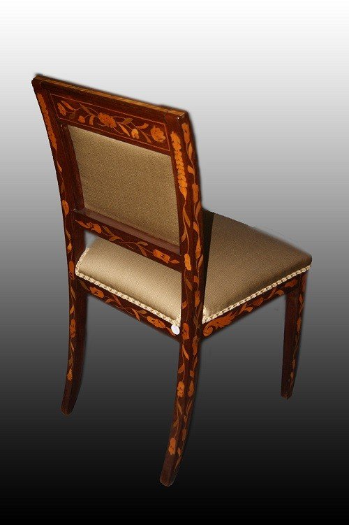 Gruppo di 6 sedie olandesi di fine 1700 inizi 1800, in legno di mogano, con intarsi in legni -photo-1