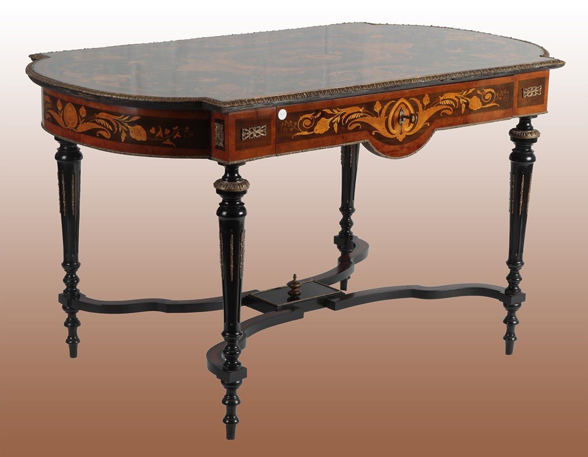 Tavolo da salotto francese della seconda metà del 1800 stile Luigi XVI, in legno di ebano-photo-3