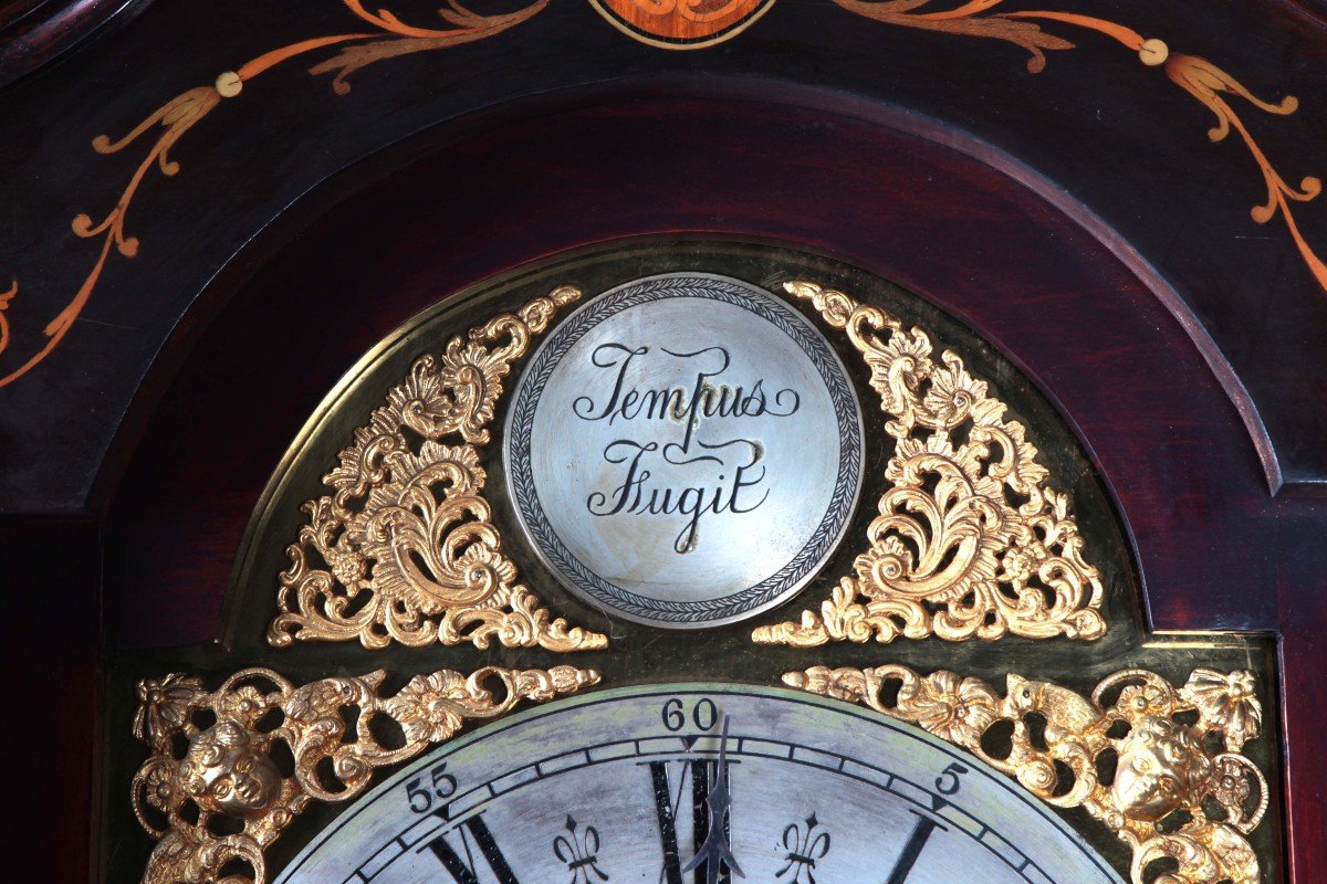 Orologio a colonna in mogano intarsiato e filettato, firmato J.R. OGDEN Harrogate-photo-1
