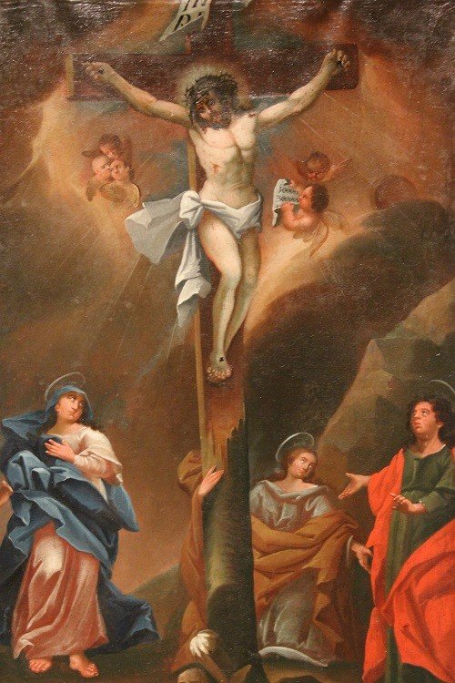 Olio su tela francese del 1700 Raffigurante Crocifissione-photo-2