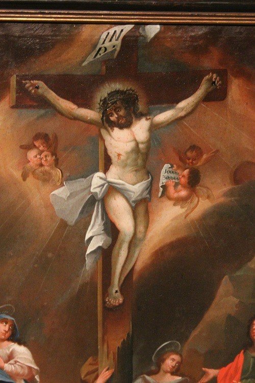 Olio su tela francese del 1700 Raffigurante Crocifissione-photo-3