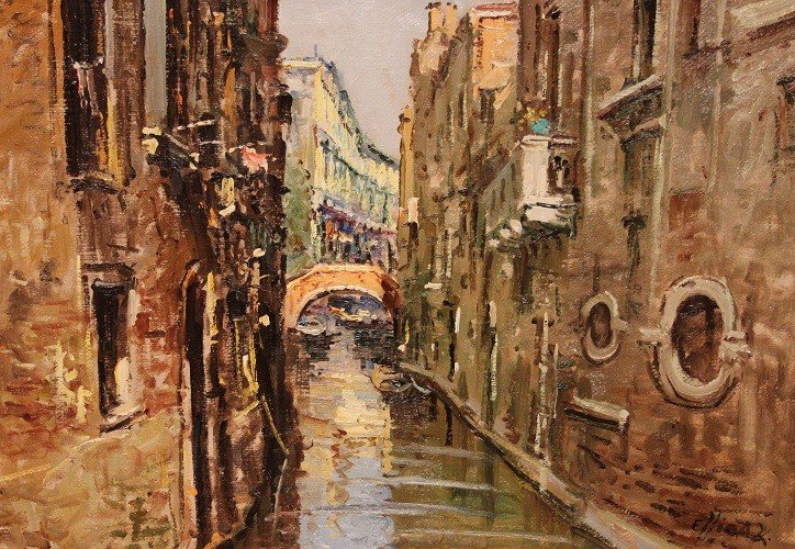 Olio su tela italiano XX secolo Raffigurante Veduta di Venezia Firmato-photo-2