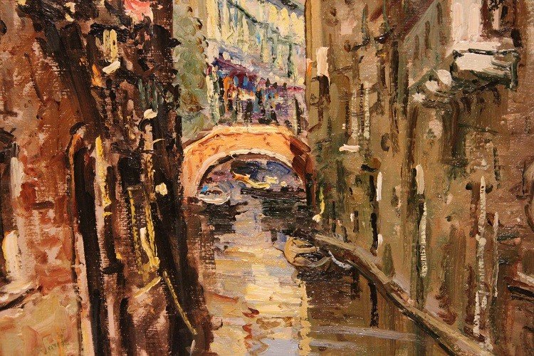 Olio su tela italiano XX secolo Raffigurante Veduta di Venezia Firmato-photo-4