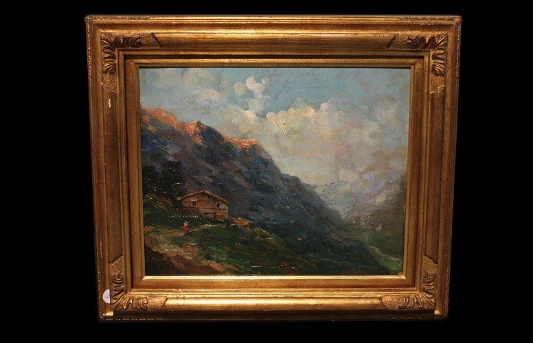 Olio su tavola Italiano del XX secolo raffigurante Paesaggio di montagna "Franco Ricciardi" fir