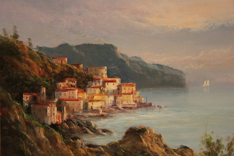 Olio su tela italiano del XX secolo Firmato "Raffigurante Costiera Amalfitana"-photo-3