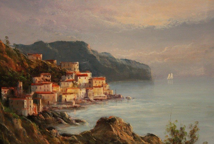 Olio su tela italiano del XX secolo Firmato "Raffigurante Costiera Amalfitana"-photo-4