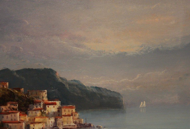 Olio su tela italiano del XX secolo Firmato "Raffigurante Costiera Amalfitana"-photo-1