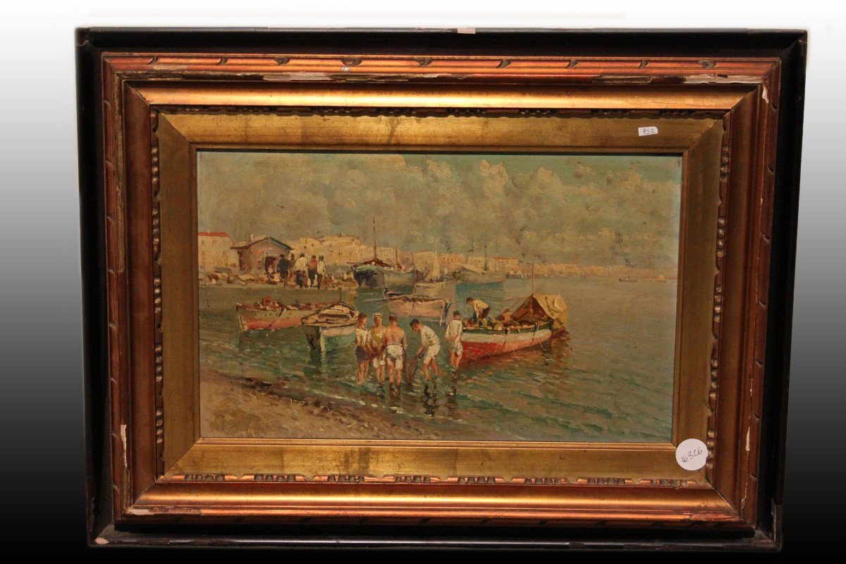 Olio su tavola italiano di fine 1800 raffigurante Porto con Barche e Pescatori