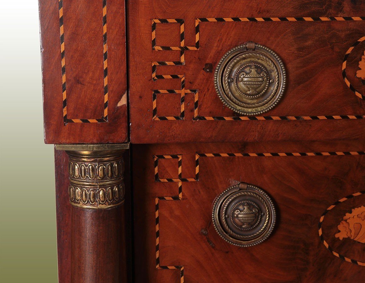 Settimanale a sei cassetti Impero, in piuma di mogano con intarsi di provenienza olandese -photo-2