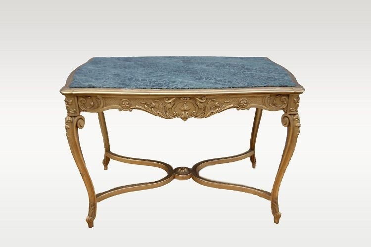 Tavolo da salotto francese della seconda metà del 1800, stile Luigi XV, in legno dorato 