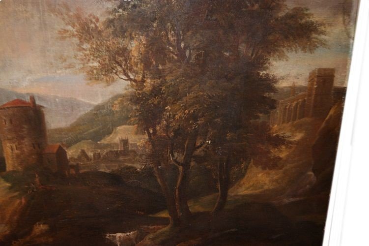 Olio su tela italiano del 1700 raffigurante paesaggio con personaggi-photo-3